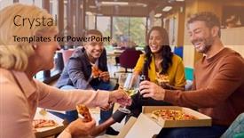  Presentation with staff meeting - Presentation design with staff-at-informal-meeting background and a coral colored foreground