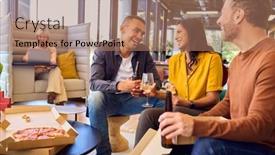  Presentation with staff meeting - Slide deck featuring staff-at-informal-meeting background and a coral colored foreground