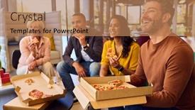  Presentation with staff meeting - Slides featuring staff-at-informal-meeting background and a coral colored foreground