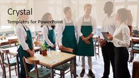  Presentation with staff meeting - PPT theme featuring staff attending team meeting background and a lemonade colored foreground