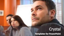  Presentation with focus group - Beautiful presentation theme featuring staff development - group of business people sitting backdrop and a dark gray colored foreground