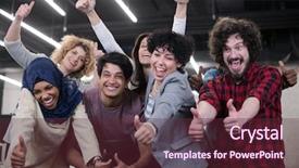  Presentation with business success - Slide deck featuring staff development - portrait of young excited multiethnics background and a  colored foreground