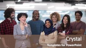  Presentation with business success - Cool new slide deck with staff development - portrait of young excited multiethnics backdrop and a  colored foreground