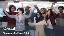  Presentation with success business - PPT theme enhanced with staff development - portrait of young excited multiethnics background and a tawny brown colored foreground