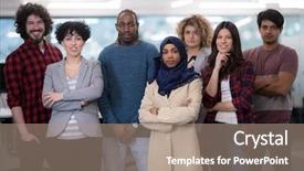  Presentation with business success - Colorful PPT theme enhanced with staff development - portrait of young excited multiethnics backdrop and a coral colored foreground