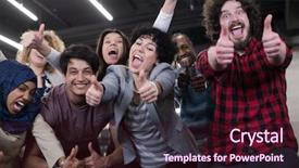  Presentation with success business - PPT layouts having staff development - portrait of young excited multiethnics background and a  colored foreground