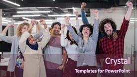  Presentation with success business - PPT theme featuring staff development - portrait of young excited multiethnics background and a  colored foreground