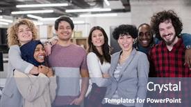  Presentation with success business - Slide deck enhanced with staff development - portrait of young excited multiethnics background and a  colored foreground