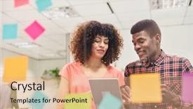  Presentation with computer software - Beautiful presentation design featuring staff development - two young freelancers as software backdrop and a coral colored foreground