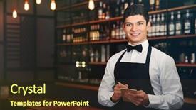  Presentation with waiter - Colorful slide deck enhanced with staff dinner - handsome male waiter in cafe backdrop and a tawny brown colored foreground