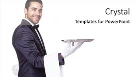  Presentation with waiter - Presentation theme consisting of staff dinner - handsome waiter holding an empty background and a white colored foreground