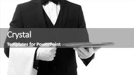  Presentation with waiter - Beautiful slide deck featuring staff dinner - handsome waiter with metal tray backdrop and a dark gray colored foreground