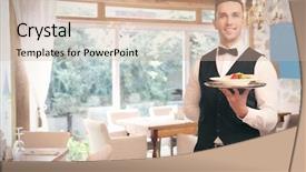  Presentation with restaurant waiter - Audience pleasing slide deck consisting of staff dinner - handsome young waiter at restaurant backdrop and a coral colored foreground