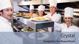  Presentation with commercial air ducts - Presentation having staff dinner - portrait of chef team smiling background and a light blue colored foreground