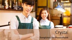  Presentation with waitress - PPT layouts consisting of staff dinner - portrait waitress and waiter background and a coral colored foreground