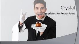  Presentation with banoffee pie cake on white - Presentation enhanced with staff happy birthday - handsome young waiter in tuxedo background and a light gray colored foreground