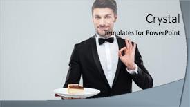  Presentation with white plate - Slides consisting of staff happy birthday - handsome young waiter in tuxedo background and a light gray colored foreground