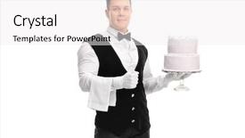  Presentation with banoffee pie cake on white - Cool new presentation with staff happy birthday - waiter holding a cake isolated backdrop and a  colored foreground