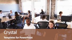  Presentation with customer service - Slide deck consisting of staff in busy customer service background and a tawny brown colored foreground