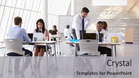 Presentation with staff - Cool new PPT theme with staff in busy office environment backdrop and a light gray colored foreground