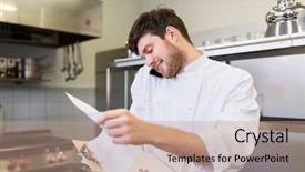  Presentation with restaurant kitchen - Audience pleasing slides consisting of staff list - cooking profession and people concept backdrop and a coral colored foreground