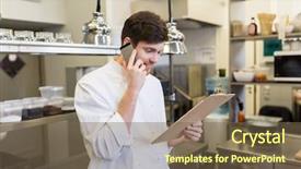  Presentation with restaurant kitchen - Colorful slides enhanced with staff list - cooking profession and people concept backdrop and a  colored foreground