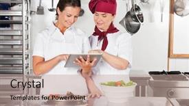  Presentation with digital transformation industry - Audience pleasing PPT layouts consisting of staff list - happy female chefs with digital backdrop and a  colored foreground