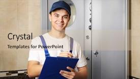 Presentation with plumber - Theme enhanced with staff list - young handsome plumber with clipboard background and a soft green colored foreground