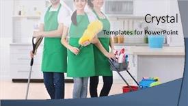  Presentation with cleaning service - Cool new presentation theme with staff manual - cleaning service team working backdrop and a light gray colored foreground