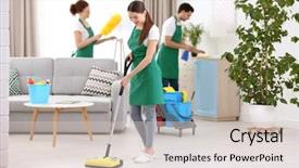  Presentation with cleaning service - Presentation theme with staff manual - cleaning service team working background and a lemonade colored foreground