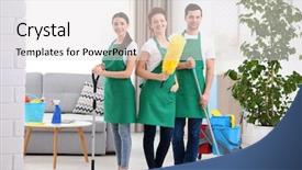  Presentation with cleaning service - Presentation design consisting of staff manual - cleaning service team working background and a light gray colored foreground