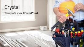  Presentation with handyman service - Colorful PPT layouts enhanced with staff manual - handyman with a tool belt backdrop and a soft green colored foreground