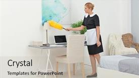  Presentation with cleaning service - Amazing PPT theme having staff manual - hotel service concept chambermaid cleaning backdrop and a mint green colored foreground
