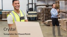  Presentation with moving on - Slide deck consisting of staff manual - smiling warehouse worker moving boxes background and a soft green colored foreground