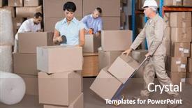  Presentation with large warehouse logistic or distribution - Presentation theme with staff manual - warehouse workers preparing a shipment background and a coral colored foreground