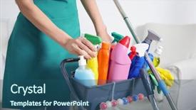  Presentation with cleaning agents - Audience pleasing PPT theme consisting of staff manual - woman with cleaning agents backdrop and a ocean colored foreground