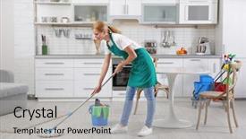  Presentation with cleaning - Amazing presentation design having staff manual - woman with mop cleaning home backdrop and a light gray colored foreground