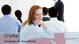  Presentation with conference images - Slide deck enhanced with staff meeting teachers - bored businesswoman at a conference background and a  colored foreground