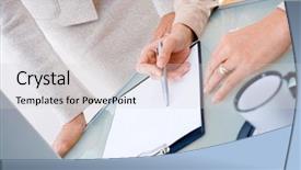  Presentation with working - Presentation theme featuring staff reporting relationship - close-up of female hands working background and a  colored foreground