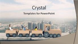 Presentation with care for people - PPT layouts featuring staff transportation - business people riding carton train background and a sky blue colored foreground