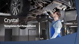  Presentation with car service - Presentation having staff vehicles - young mechanic fixing car background and a dark gray colored foreground