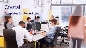  Presentation with busy work - Presentation design with staff walking through a busy background and a sky blue colored foreground