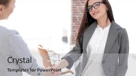  Presentation with staffing - PPT layouts featuring staffing - business woman meets the client background and a light gray colored foreground