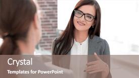  Presentation with staffing - Beautiful PPT theme featuring staffing - business woman talking backdrop and a coral colored foreground