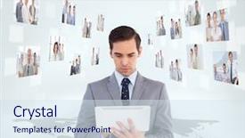  Presentation with staffing - PPT theme consisting of staffing - businessman holding tablet encircled background and a sky blue colored foreground