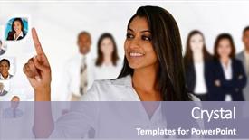  Presentation with members - Presentation enhanced with staffing - businesswoman selecting members of her background and a light blue colored foreground