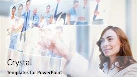  Presentation with staffing - Presentation theme featuring staffing - cheerful businesswoman scrolling pictures background and a light gray colored foreground