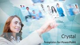  Presentation with staffing - Slide set consisting of staffing - happy businesswoman scrolling pictures background and a light blue colored foreground