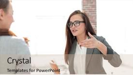  Presentation with staffing - Cool new slides with staffing jobs - manager talking with a client backdrop and a  colored foreground