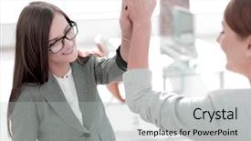  Presentation with cooperative cooperation at new project - Slide deck enhanced with staffing jobs - two employees are discussing background and a light gray colored foreground